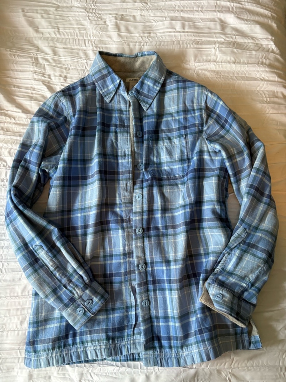 L.L. Bean Light and Navy Blue Plaid Button-Front Shirt Jacket